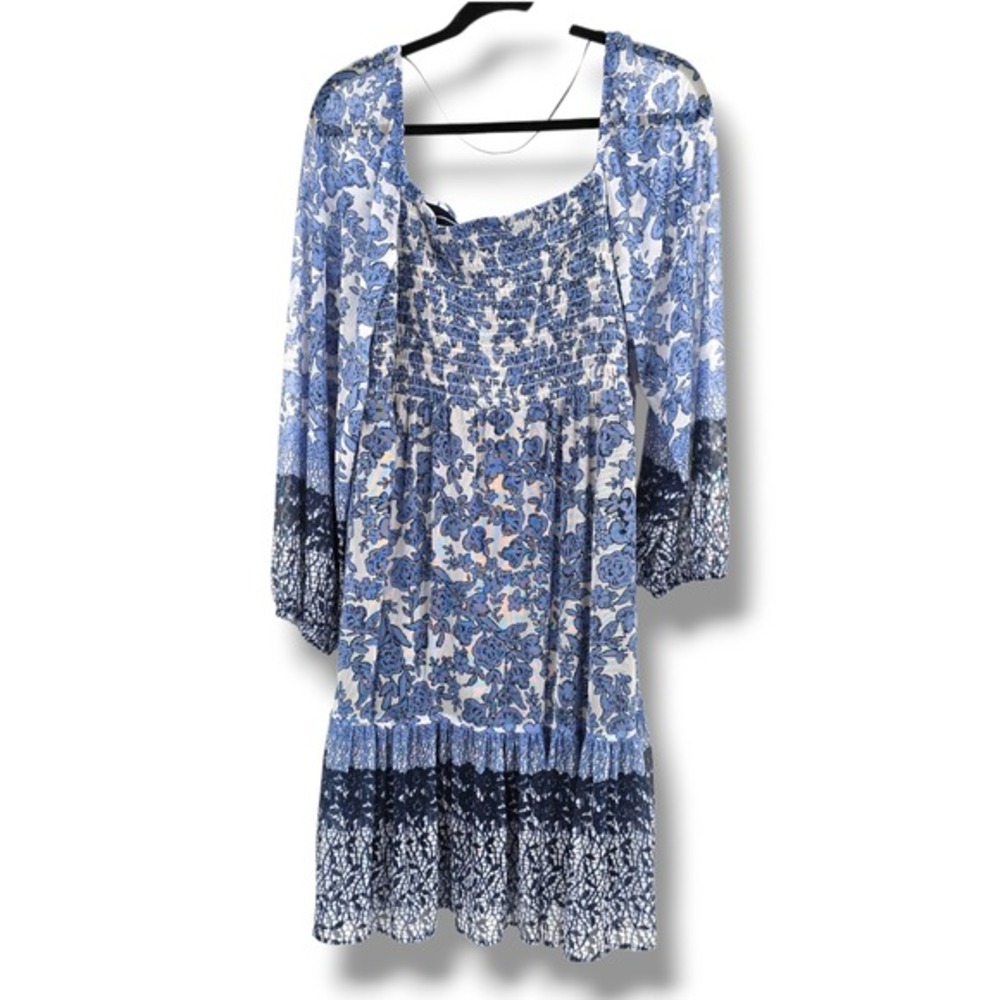 Just Taylor Floral Smocked Dress Long‎ Sleeve Square Neck Casual Blue White 1X